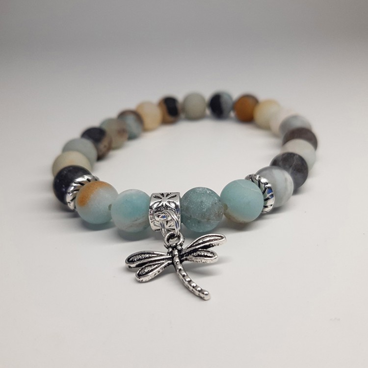 Bracelet Amazonite givrée, breloque libellule