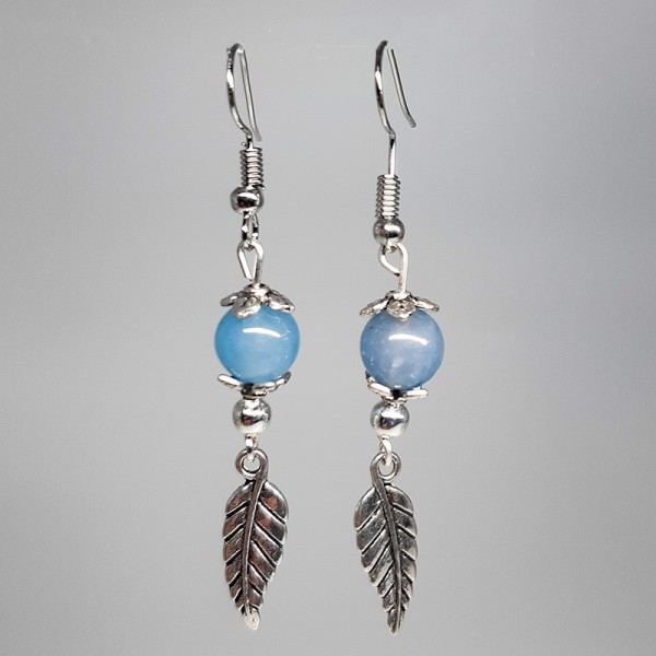 Boucles d'oreilles Aigue-marine, breloque plume.