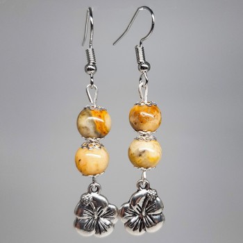 Boucles d'oreilles Agate Crazy Lace, breloque fleur d'Hibiscus.
