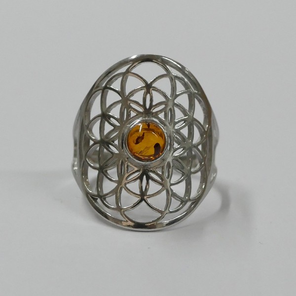 Bague Fleur de Vie, Ambre et argent rhodié