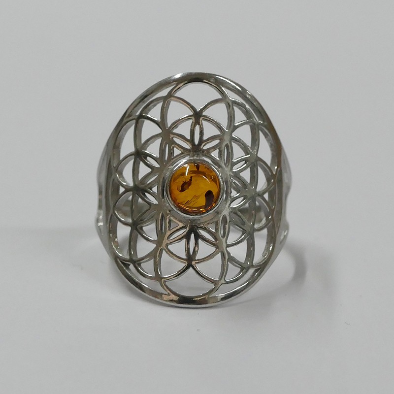 Bague Fleur de Vie, Ambre et argent rhodié