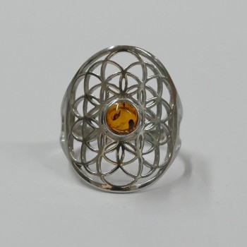 Bague Fleur de Vie, Ambre et argent rhodié