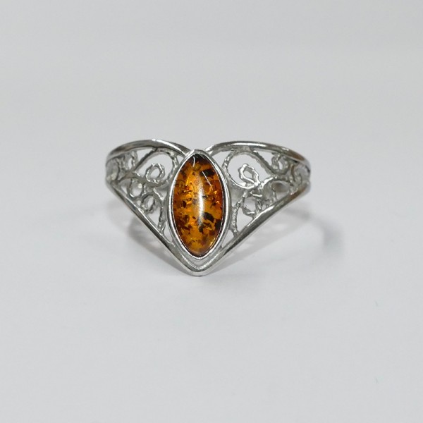 Bague Ambre navette et argent rhodié