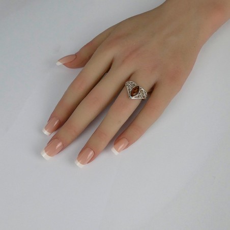 Bague Ambre navette et argent rhodié