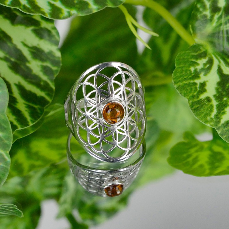 Bague Fleur de Vie, Ambre et argent rhodié