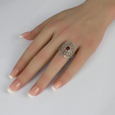 Bague Fleur de Vie, Ambre et argent rhodié