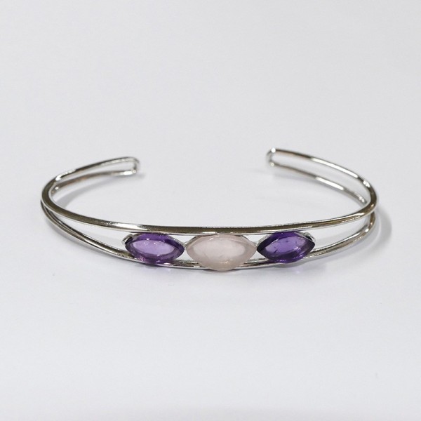 Bracelet Améthyste, Quartz rose et Argent 925 rhodié