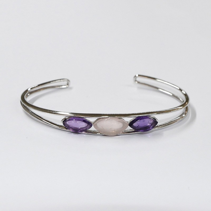 Bracelet Améthyste, Quartz rose et Argent 925 rhodié