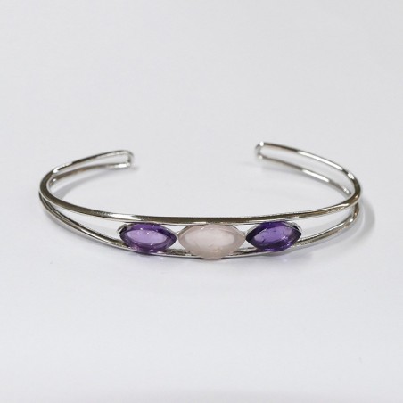 Bracelet Améthyste, Quartz rose et Argent 925 rhodié