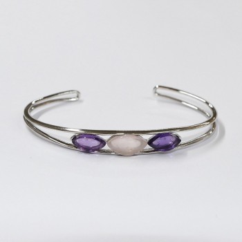 Bracelet Améthyste, Quartz rose et Argent 925 rhodié