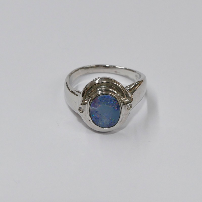 Bague  Opale bleue ronde et Argent 925 rhodié