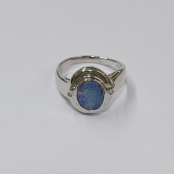 Bague  Opale bleue ronde et Argent 925 rhodié