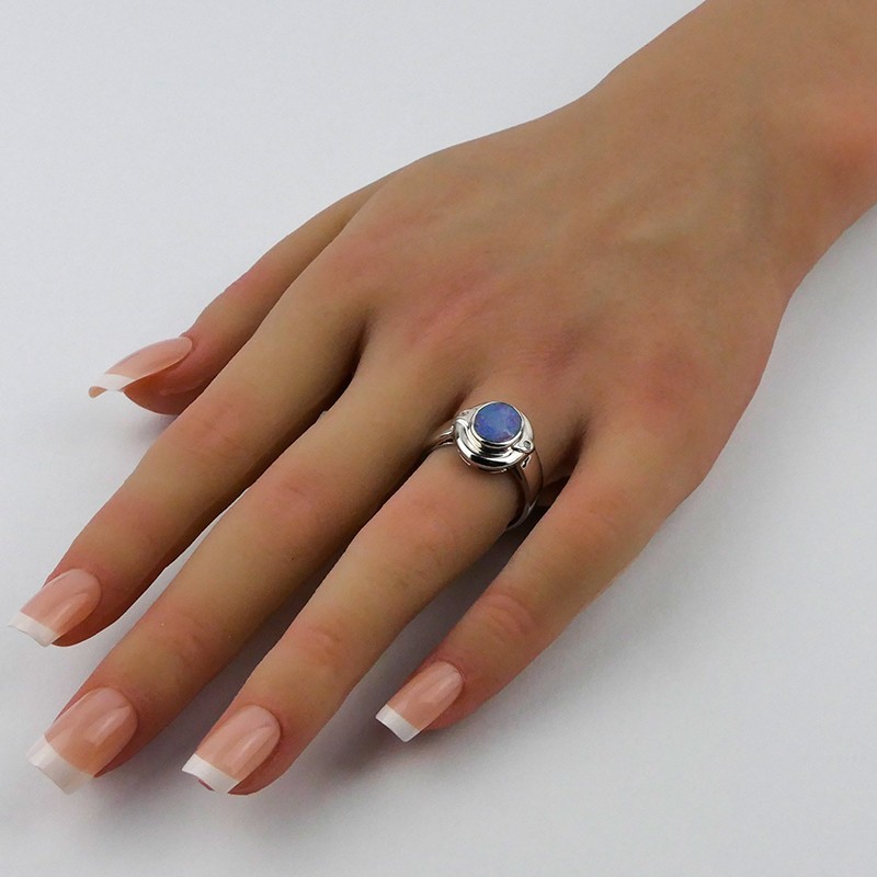 Bague  Opale bleue ronde et Argent 925 rhodié