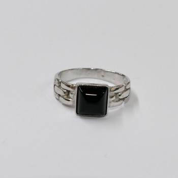 Chevalière Onyx noir carré, Argent 925 rhodié