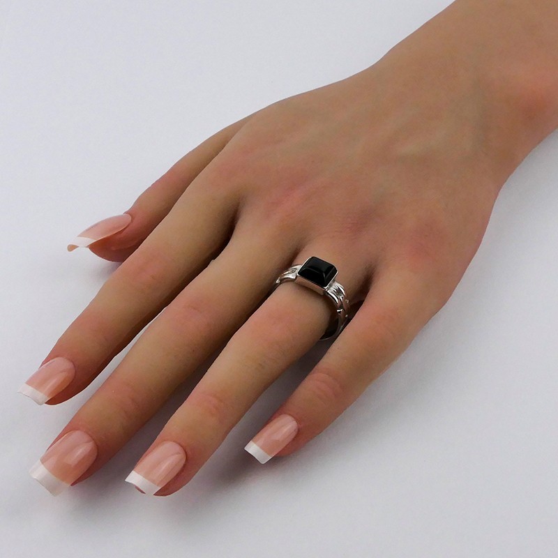 Chevalière Onyx noir carré, Argent 925 rhodié
