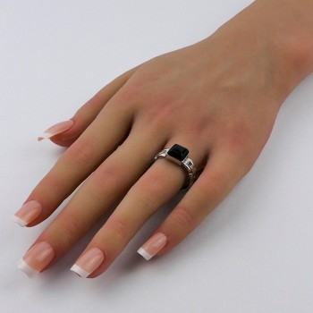 Chevalière Onyx noir carré, Argent 925 rhodié