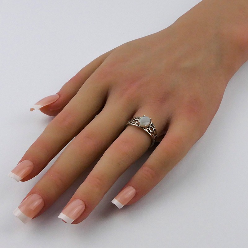 Bague Opale blanche Australie, Argent 925 rhodié