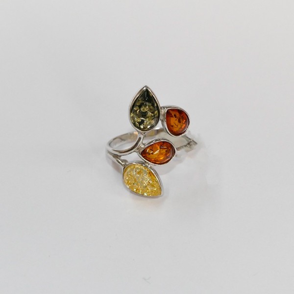 Bague Ambre multicolore feuilles Argent 925 vieilli