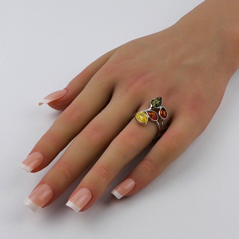 Bague Ambre multicolore feuilles Argent 925 vieilli