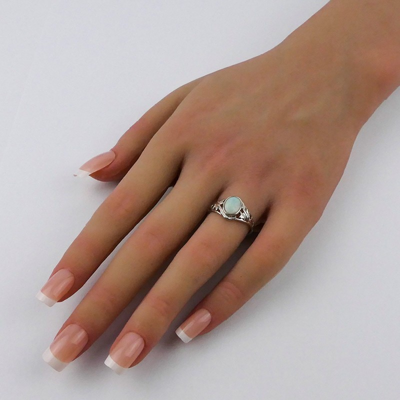 Bague Opale blanche ovale d'Australie, Argent 925 rhodié