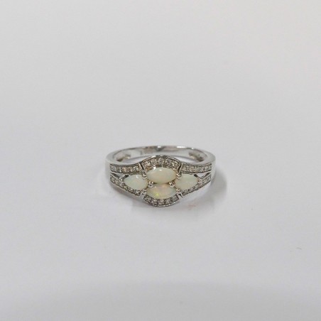 Bague Opale blanche navettes et Oxyde de Zirconium, Argent 925 rhodié