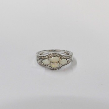 Bague Opale blanche navettes et Oxyde de Zirconium, Argent 925 rhodié