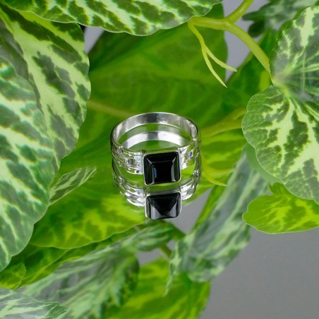 Chevalière Onyx noir carré, Argent 925 rhodié