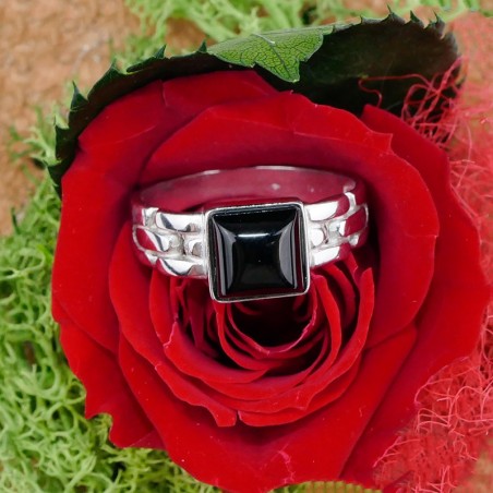 Chevalière Onyx noir carré, Argent 925 rhodié
