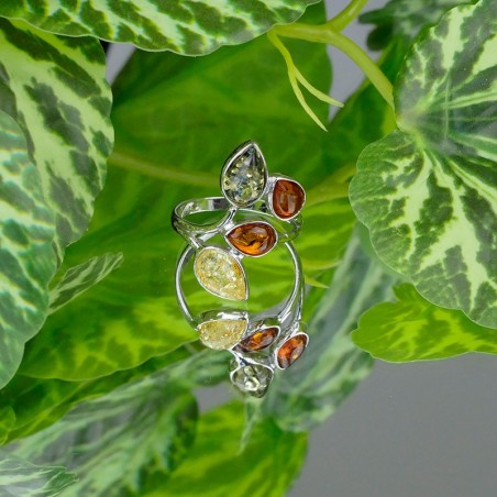 Bague Ambre multicolore feuilles Argent 925 vieilli