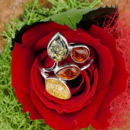 Bague Ambre multicolore feuilles Argent 925 vieilli