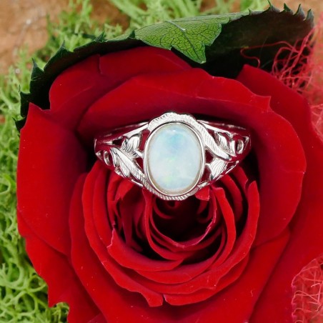 Bague Opale blanche ovale d'Australie, Argent 925 rhodié