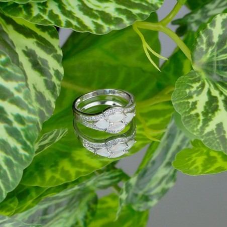 Bague Opale blanche navettes et Oxyde de Zirconium, Argent 925 rhodié