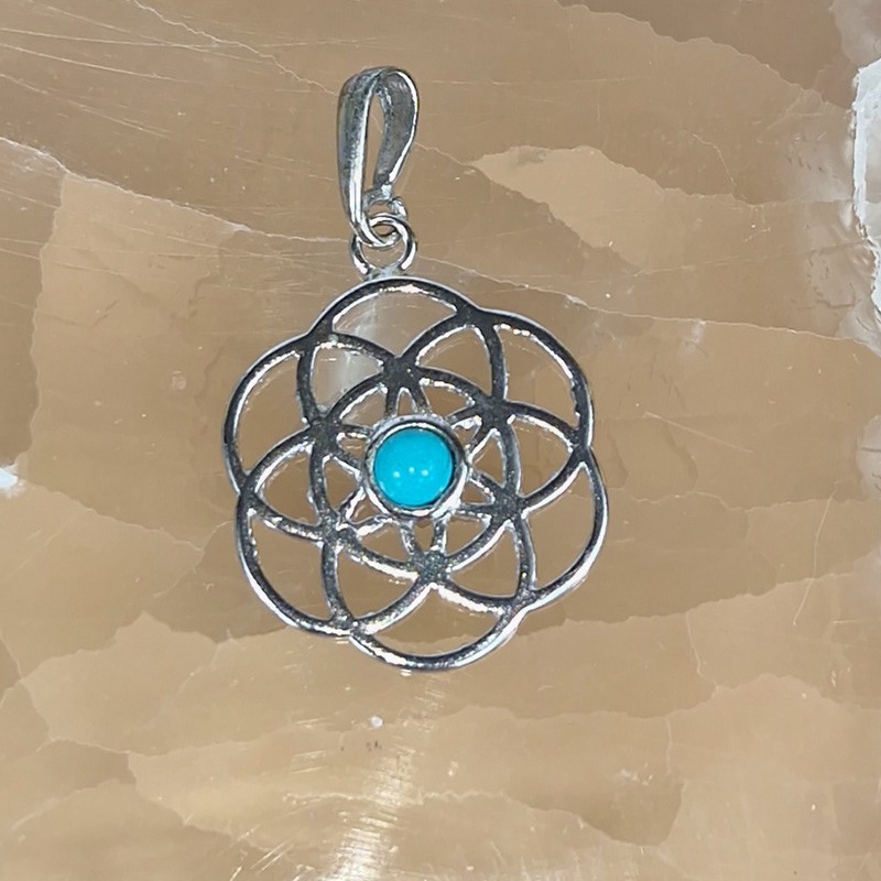 Pendentif Argent 925, Fleur de Vie et Turquoise