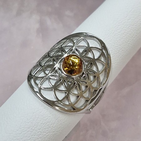 Bague Fleur de Vie, Ambre et argent rhodié