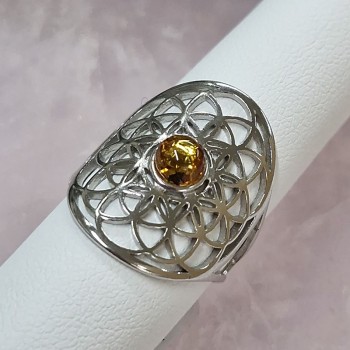 Bague Fleur de Vie, Ambre et argent rhodié
