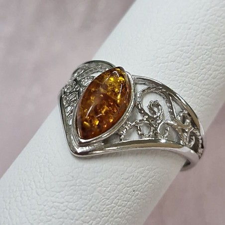 Bague Ambre navette et argent rhodié