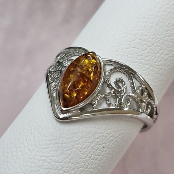 Bague Ambre navette et argent rhodié