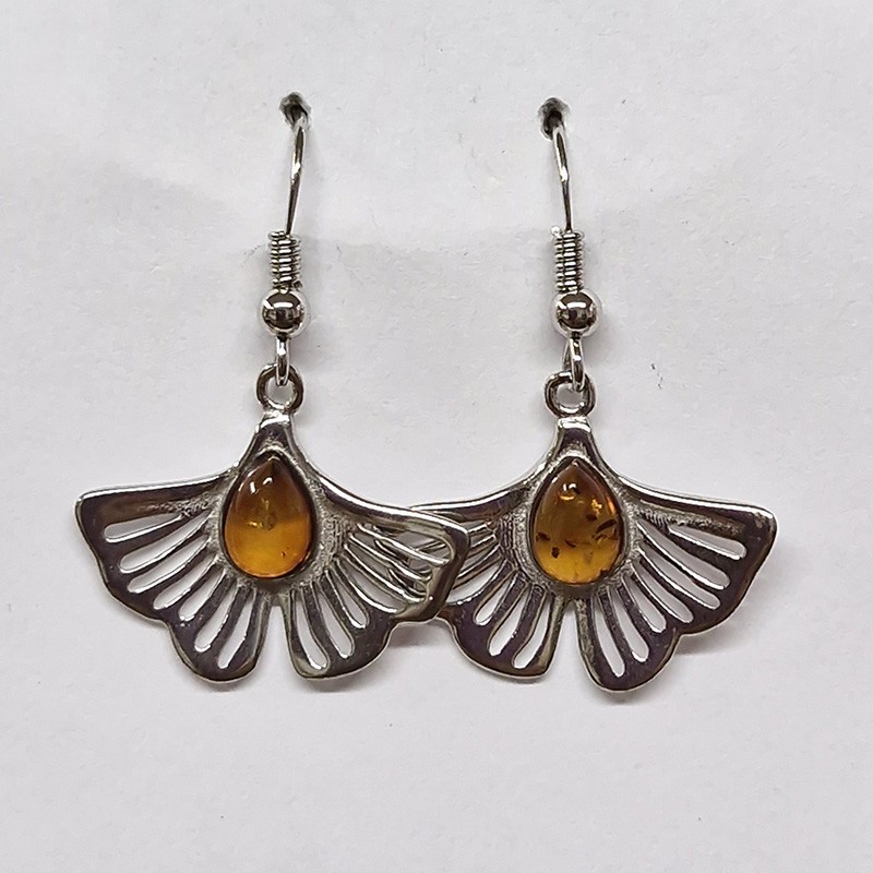 Boucles d'oreilles Feuille de Ginkgo et Ambre, argent 925
