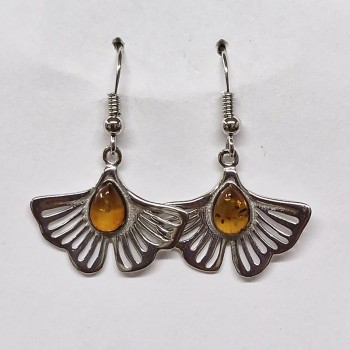 Boucles d'oreilles Feuille de Ginkgo et Ambre, argent 925