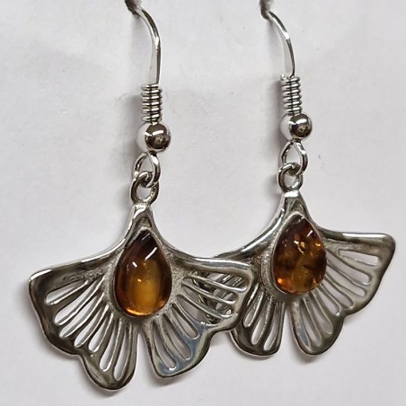 Boucles d'oreilles Feuille de Ginkgo et Ambre, argent 925