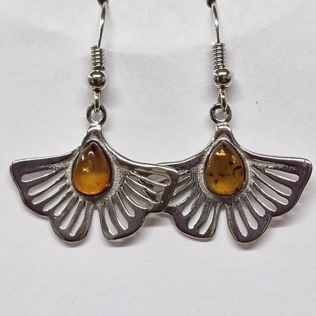Boucles d'oreilles Feuille de Ginkgo et Ambre, argent 925